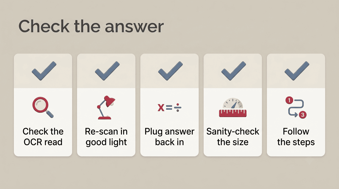 Five-point checklist to verify an AI homework answer: check the OCR read, re-scan in good light, plug the answer back in, sanity-check the size, follow the steps