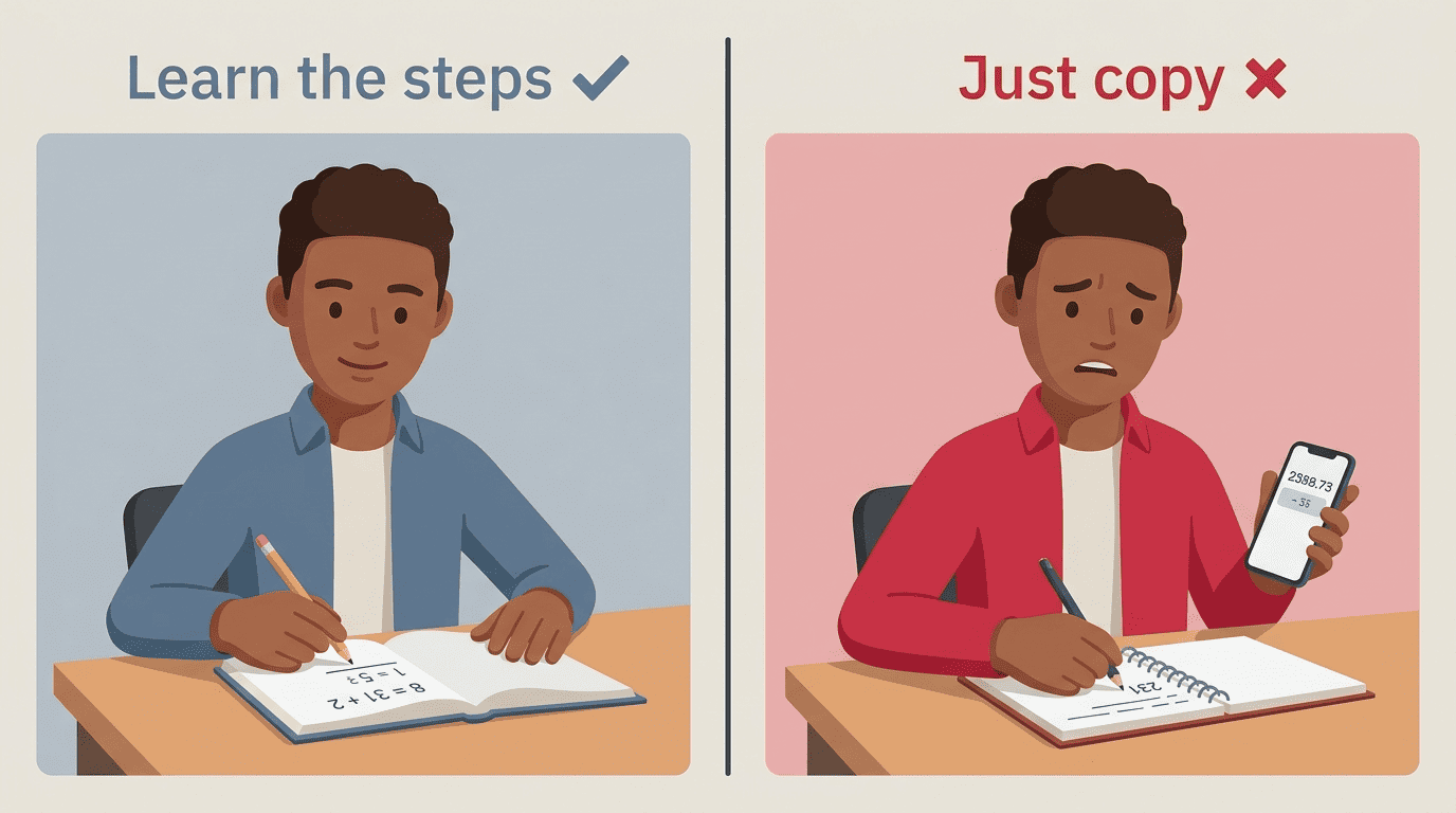 Split comparison: learning the steps yourself versus just copying the final answer from a phone