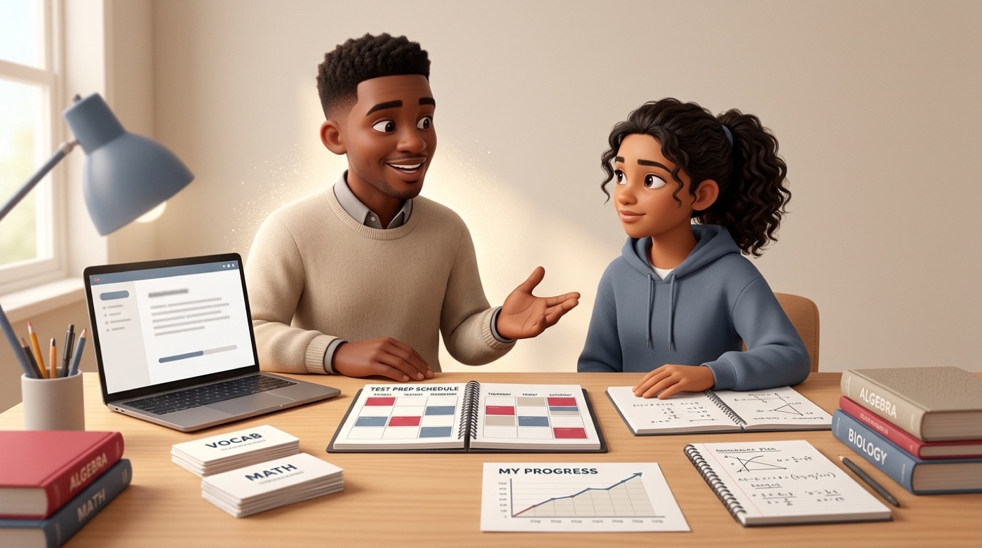 A student following a homework AI's step-by-step plan with flashcards and a schedule